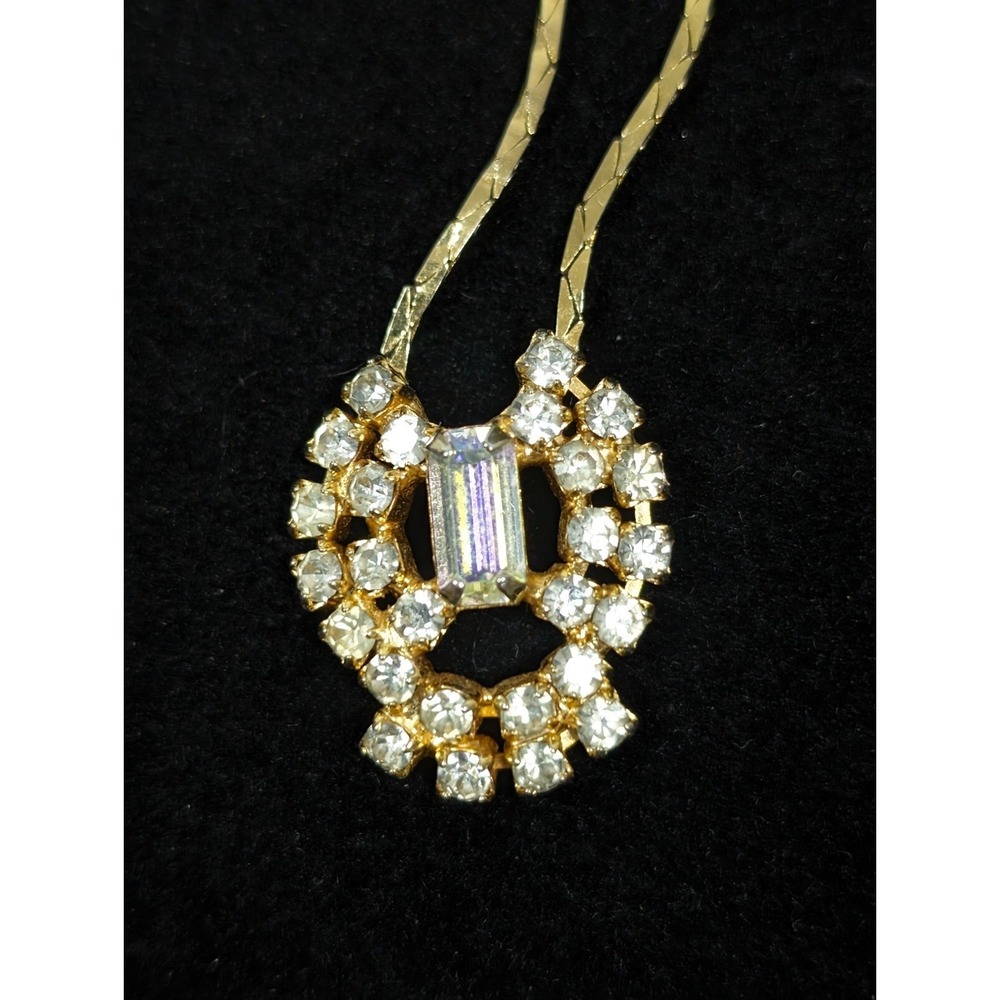 Vintage Gold Tone AB Baguette Rhinestone Pendant Chain Necklace 16 inch